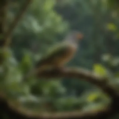 A serene scene of a singing bird in a lush, green aviary.