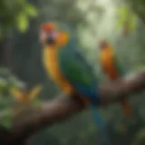 A vibrant parrot perched on a branch surrounded by various insects.