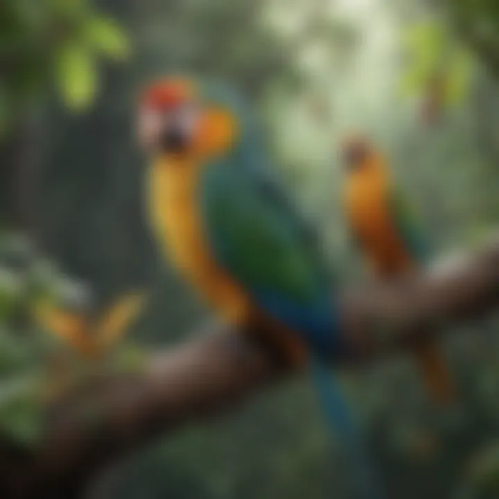 A vibrant parrot perched on a branch surrounded by various insects.