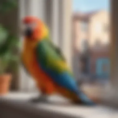 A vibrant parrot perched on a window sill in an apartment setting, showcasing its colorful feathers.