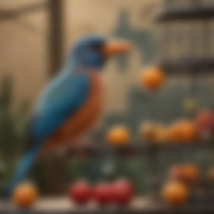 A close-up of a bird interacting with toys and climbing structures, emphasizing stimulation.