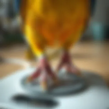 A close-up of a bird's feet on a veterinary scale, indicating the importance of weight monitoring.