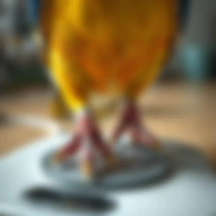 A close-up of a bird's feet on a veterinary scale, indicating the importance of weight monitoring.