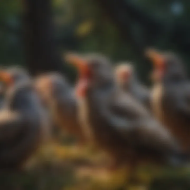 A flock of various birds resting, some appearing to yawn.