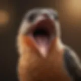 A close-up of a bird yawning, showcasing its beak wide open.