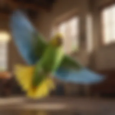 A vibrant parakeet soaring gracefully through a sunlit room.