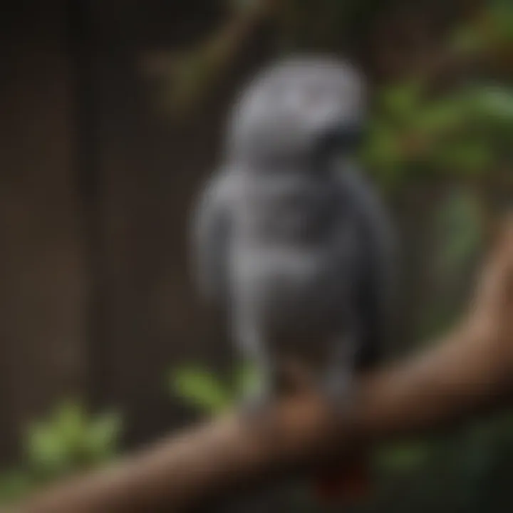 An African Grey perched on a branch, contemplating its next flight.