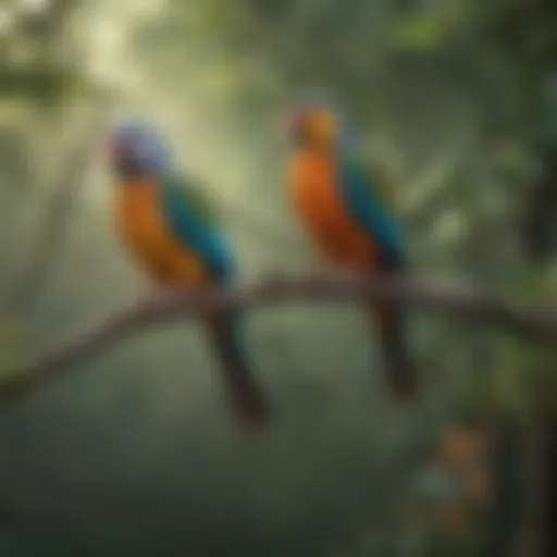 Colorful pet birds perched on a branch