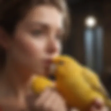 Bonding with a Canary Through Cuddling A bird owner gently petting a canary, representing the bond formed through cuddling.