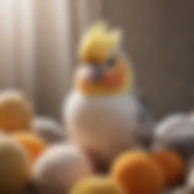Cockatiel Comfort and Cuddling A cockatiel nestled among soft toys, illustrating its comfort and cuddling nature.