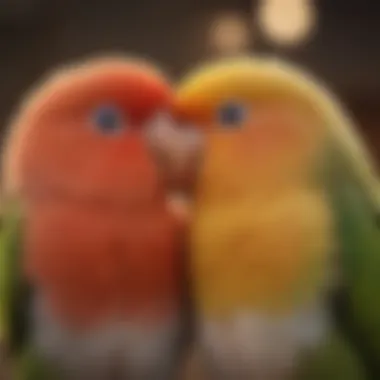 Lovebirds Engaging in Cuddling A lovebird cuddling with another lovebird, showcasing their social behavior.