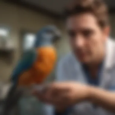 A veterinarian examining a pet bird in a clinical setting.