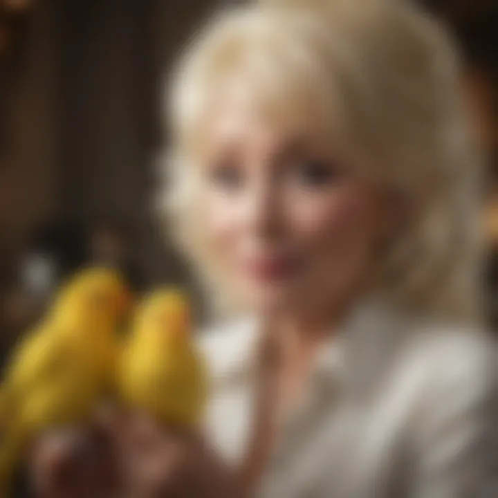 Dolly Parton interacting lovingly with her pet birds, showcasing the bond they share