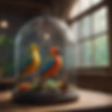 Colorful birds enjoying their spacious dome top cage