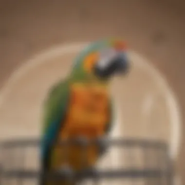 A happy parrot perched in a dome top cage, exemplifying avian well-being.