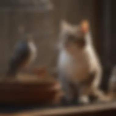 A serene moment showcasing a cat observing a bird in a cage