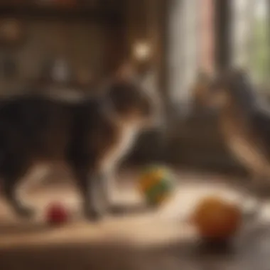 Playful Engagement: Birds and Cats Coexisting A playful scene of a cat and a bird sharing a space with toys