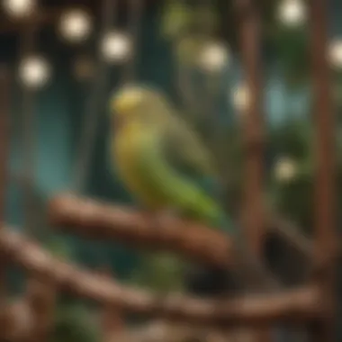 Budgerigar in a Cozy Aviary A vibrant budgerigar perched on a colorful swing in a cozy aviary.