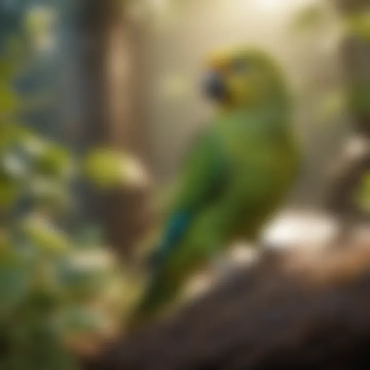 A peaceful setting featuring a parakeet surrounded by natural elements.