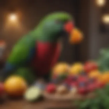Eclectus Parrot Feeding on Nutritious Fruits and Vegetables Eclectus parrot enjoying a mixed diet of fruits and vegetables