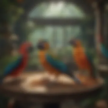 A vibrant aviary filled with colorful birds, reminiscent of Elvis' home