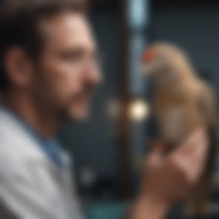 A veterinarian consulting with a bird owner about urgent care