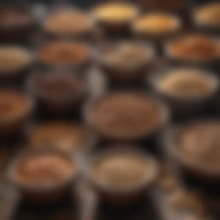 An array of bird food varieties displayed in bowls, highlighting nutritional diversity.