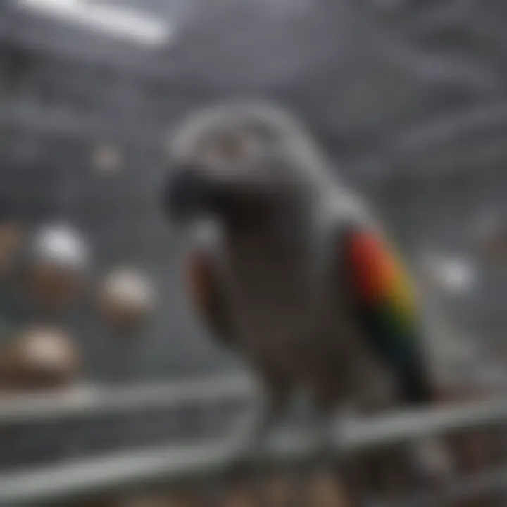 Various enrichment items inside a parrot cage.