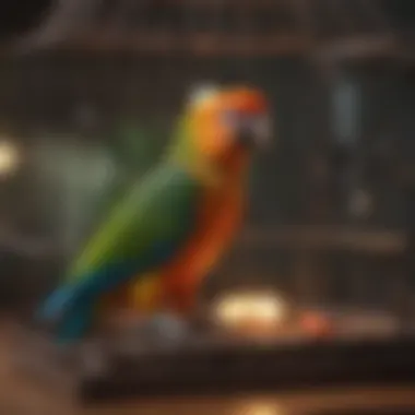 Parrot interacting with toys in a large cage