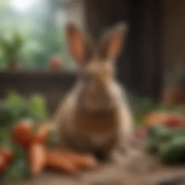 Variety of fresh vegetables and hay for rabbits