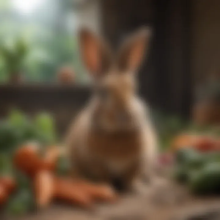 Variety of fresh vegetables and hay for rabbits