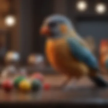 A pet bird engaging with interactive toys, demonstrating mental stimulation.