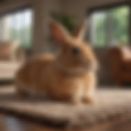 A cozy living space featuring a house-trained bunny comfortably lounging on a soft rug.