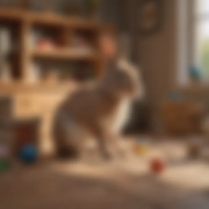 A happy house-trained bunny playing with toys and exploring its surroundings.