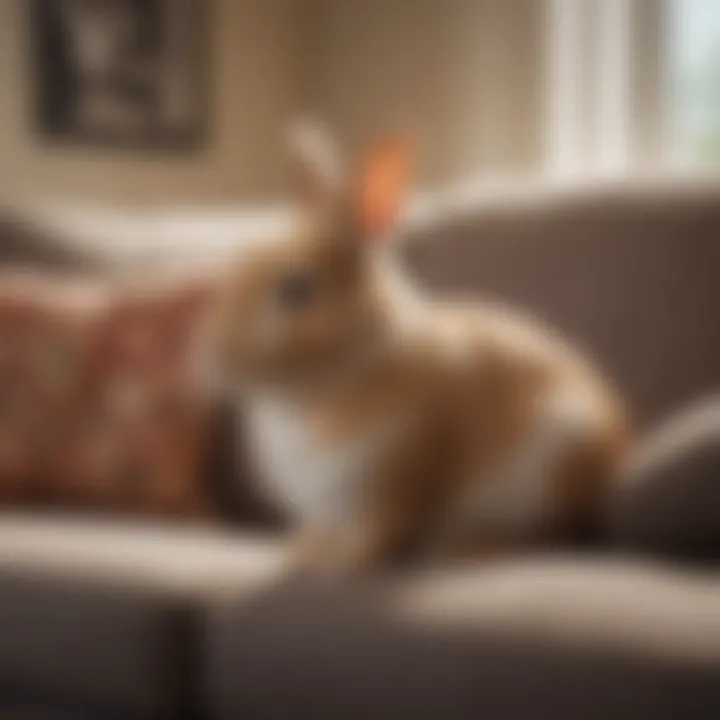 A serene scene of a house-trained bunny snuggling with its owner on a couch.