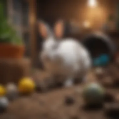 A rabbit exploring an enriched environment filled with toys and tunnels