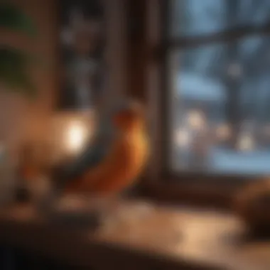 Cozy Indoor Bird Habitat A cozy indoor bird habitat with a heat lamp during winter.