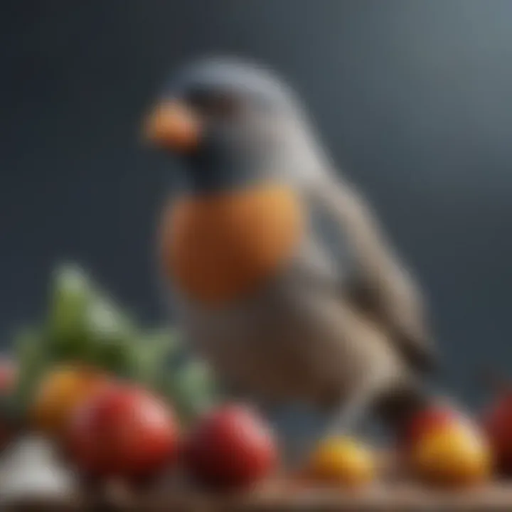 A pet bird enjoying fresh winter fruits and seeds.