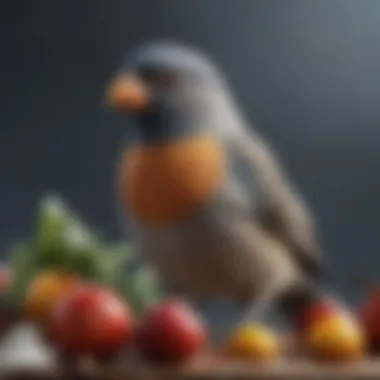 Nutritious Winter Diet for Birds A pet bird enjoying fresh winter fruits and seeds.