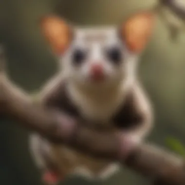 A vibrant sugar glider perched on a branch in its natural habitat, showcasing its distinctive fur and large eyes.