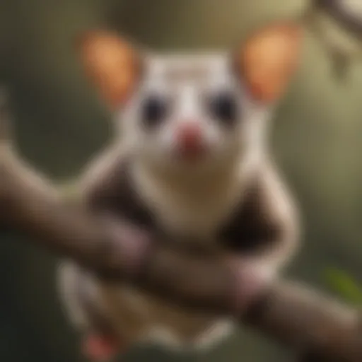 A vibrant sugar glider perched on a branch in its natural habitat, showcasing its distinctive fur and large eyes.