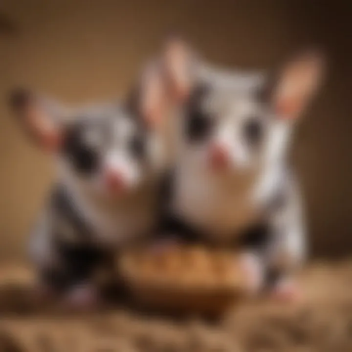 A close-up view of a sugar glider interacting playfully with its companion, highlighting their social nature.