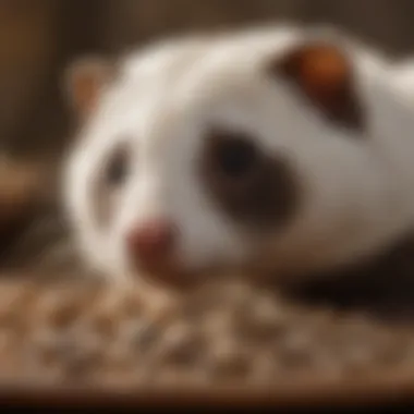 Balanced Diet for a Healthy Ferret A close-up of a balanced ferret diet featuring high-quality kibble and fresh protein sources.