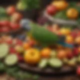 Colorful array of fresh fruits and vegetables suitable for Quaker parrots