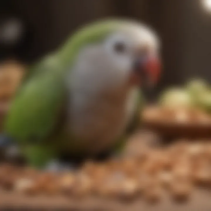 Quaker parrot enjoying a varied diet of seeds, nuts, and fruits