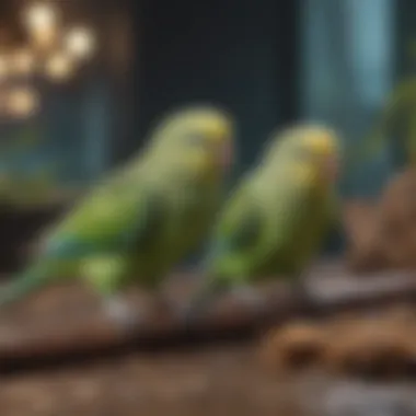 Two parakeets interacting and playing together