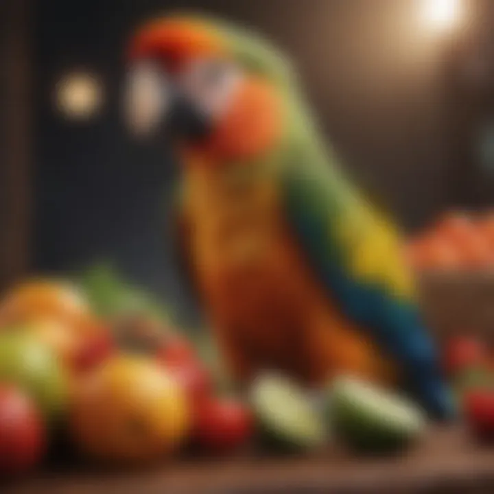 A vibrant selection of parrot-safe fruits and vegetables arranged artistically