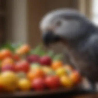 A colorful assortment of fruits and vegetables suitable for an African Grey parrot's diet.