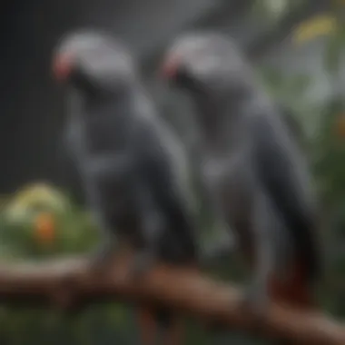 A vibrant African Grey parrot perched on a branch showcasing its feathers.