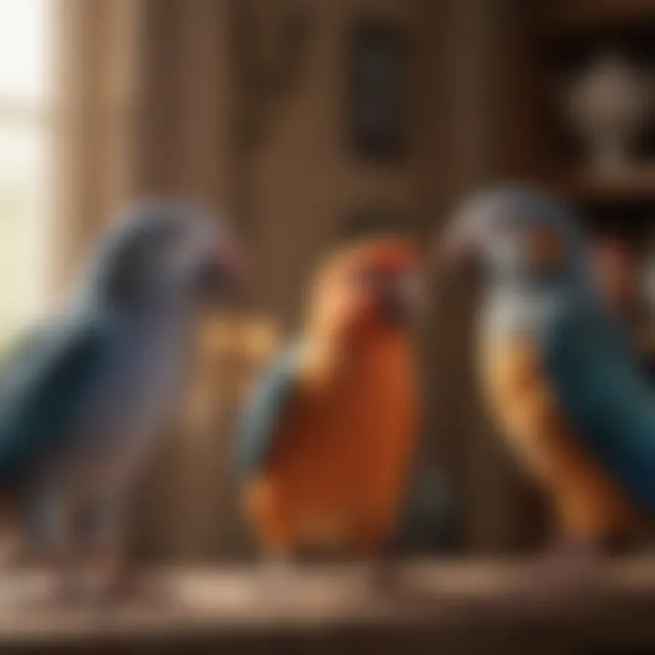 A close-up of a pet bird interacting with its owner in a cozy home setting